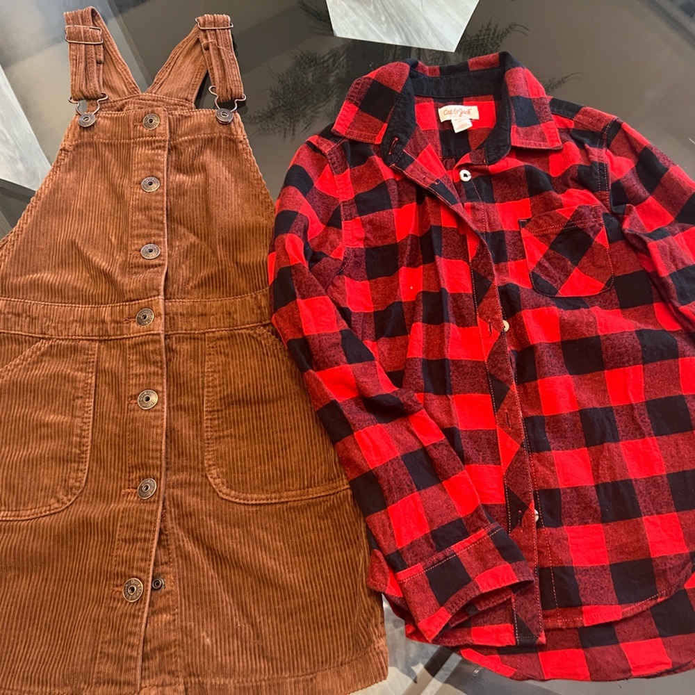 Corduroy bibs Buffalo plaid shirt girl size 7